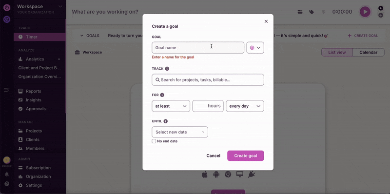 Creating a goal to exercise at least an hour a day