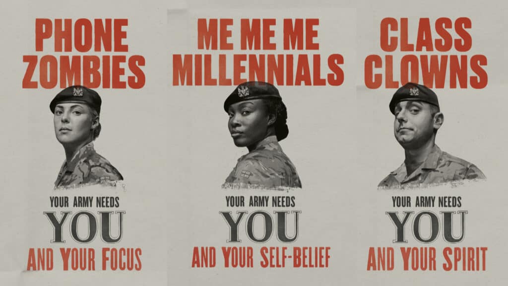 The army's recruitment posters ask for 'focus, 'self-belief,' and 'spirit'.