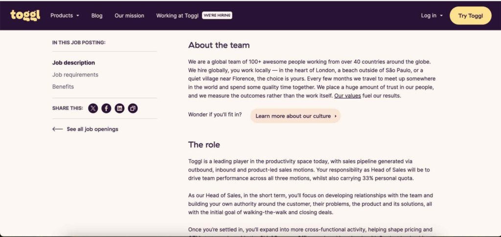 Example of a clear job description summary