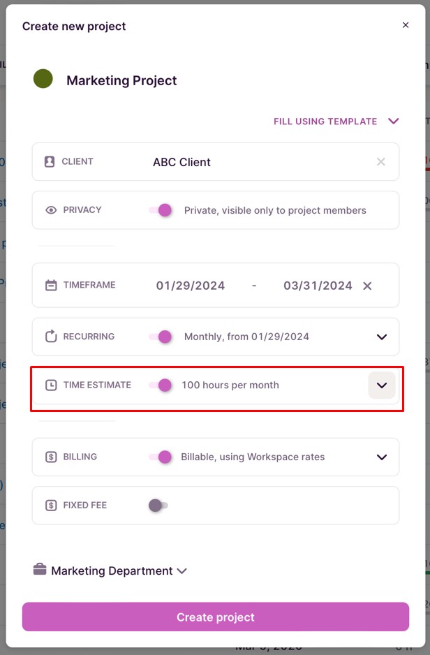 Toggl Track screenshot showing how to add time estimates.