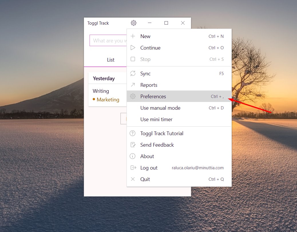 Screenshot of Toggl Track showing the preferences dialog.