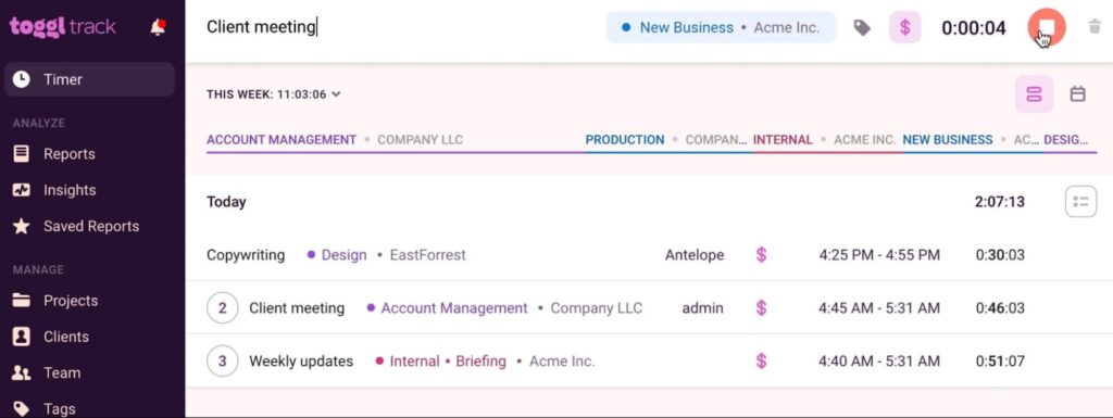 A screenshot of Toggl Track.