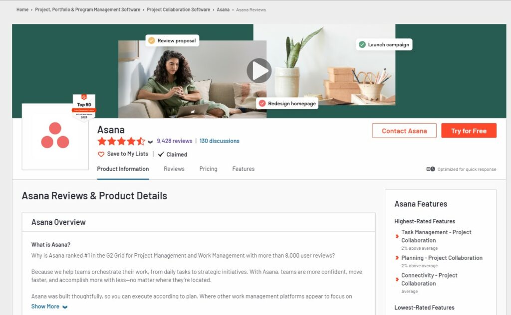 Asana reviews An image showing the G2 review page for Asana.