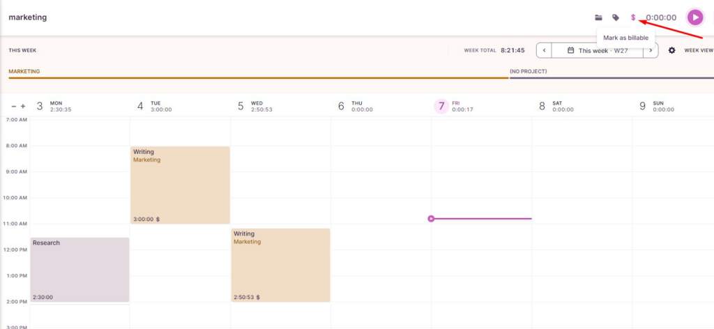 Making a time entry billable in Toggl Track