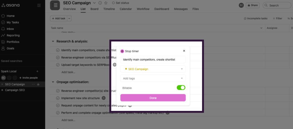Asana dashboard with Toggl Track time entry