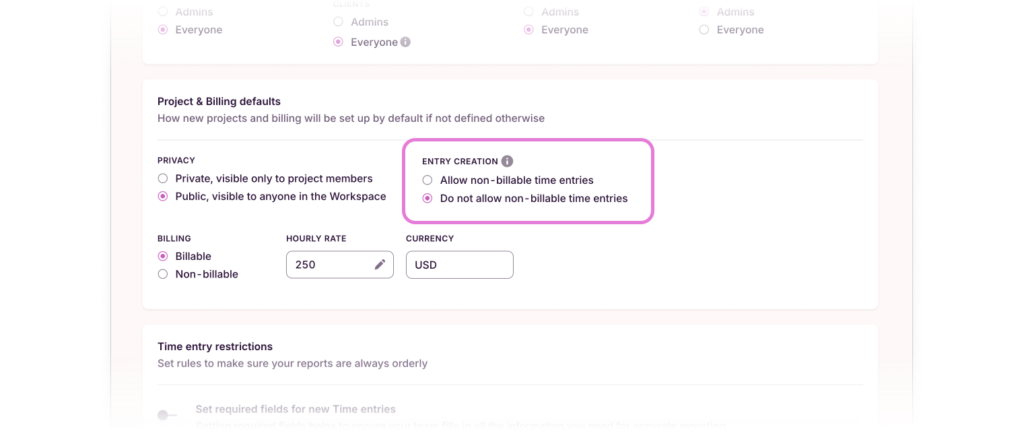 Screenshot of the "Enforce billable rate" option in Toggl Track workspace settings
