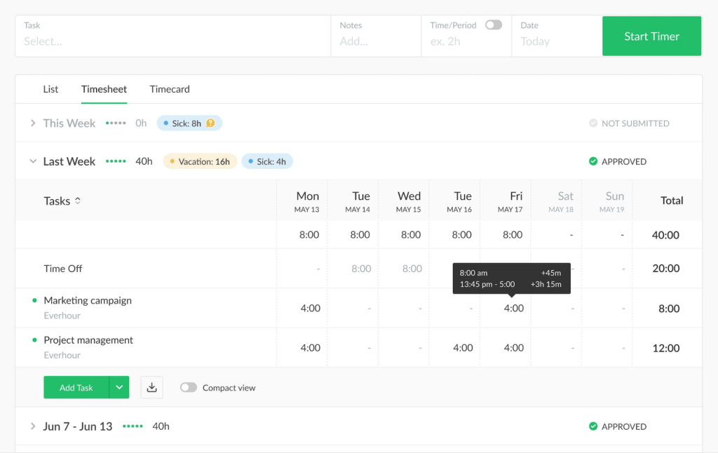 Everhour time tracking and timesheet software