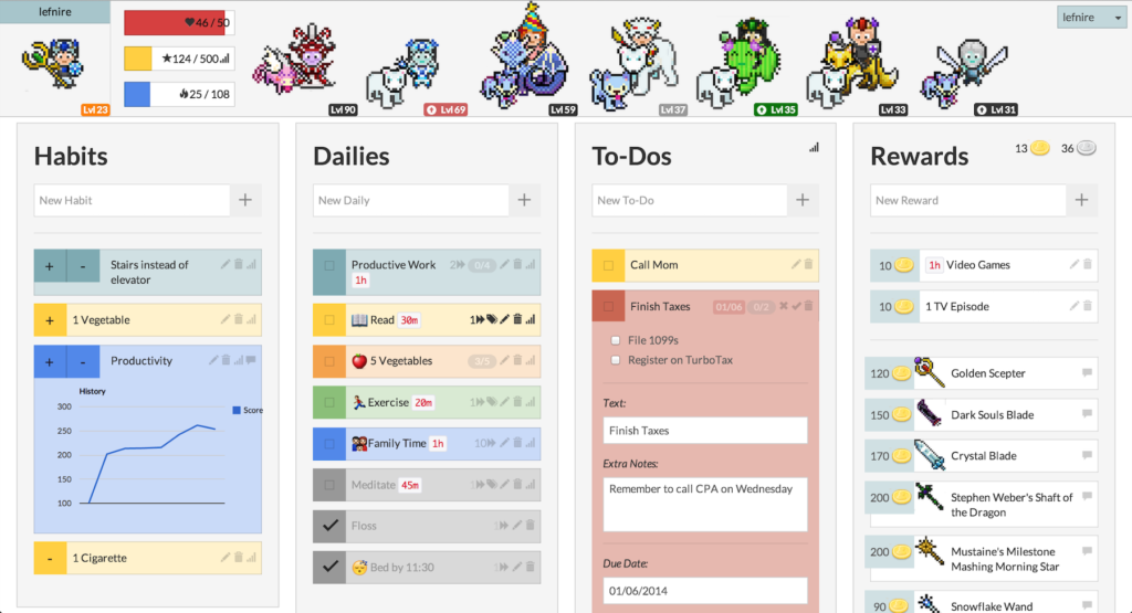 Habitica gamified habit tracking dashboard