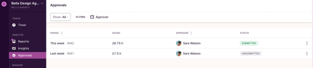 Timesheet approvals in Toggl Track.