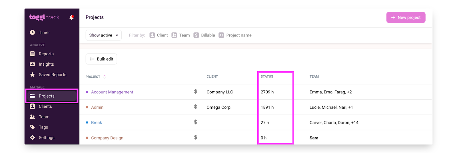 Screenshot of Toggl Track showing showing project statuses.