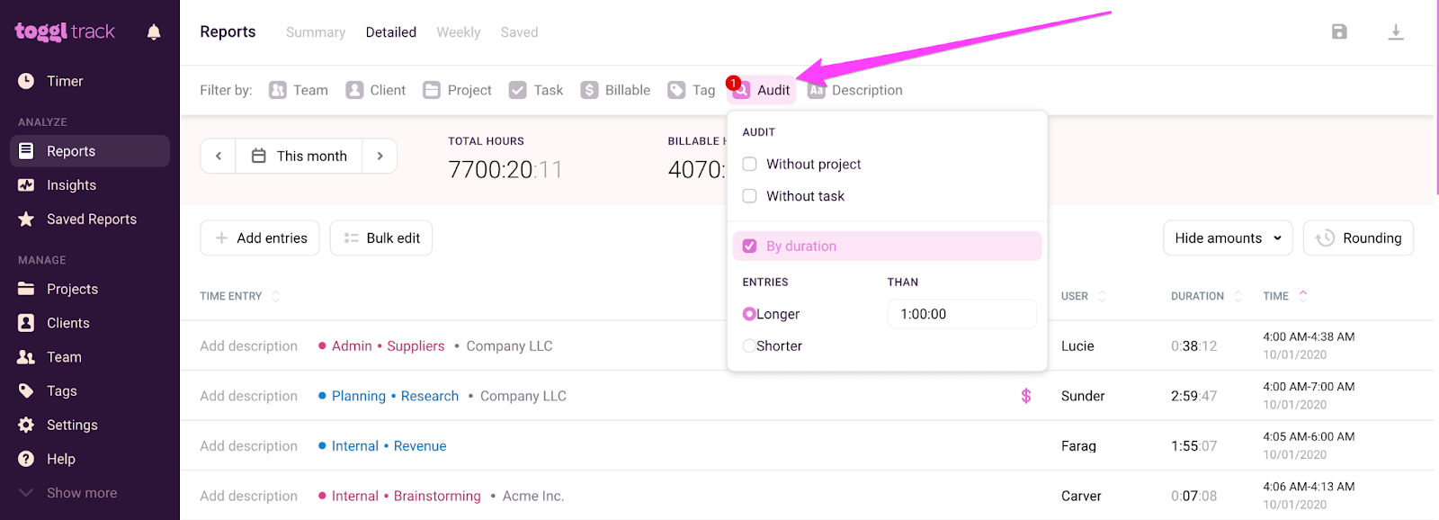 Screenshot of Toggl Track showing the time audit function.