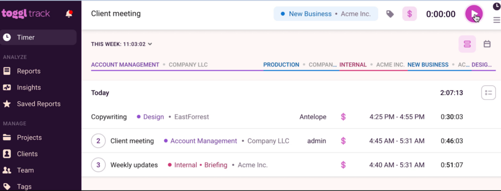 A screenshot showing how to start tracking time in Toggl Track.