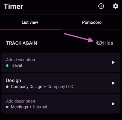 Hiding suggestions in the Toggl Track mobile app