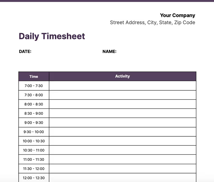 Daily timesheet example