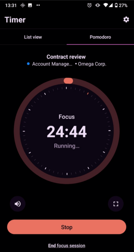 Built-in Pomodoro timer in Toggl Track mobile app.