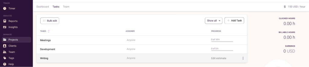 Time estimates feature in Toggl Track