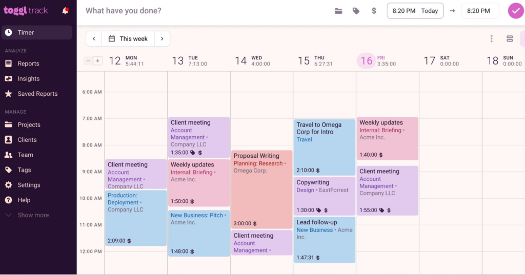 Calendar View in Toggl Track