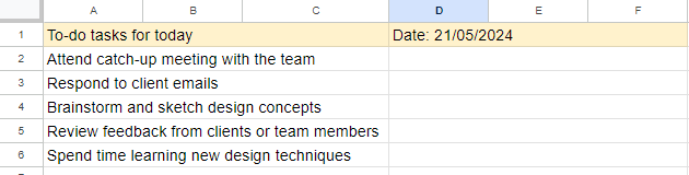 A task list made in Google Sheets.