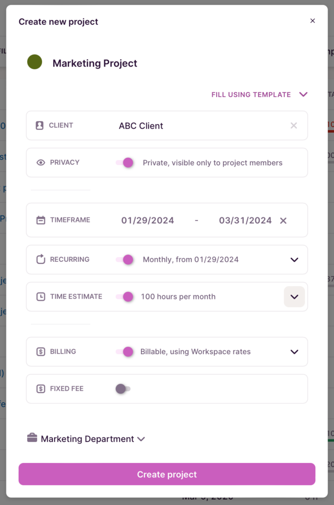 Screenshot of Toggl Track showing how to create a new project.