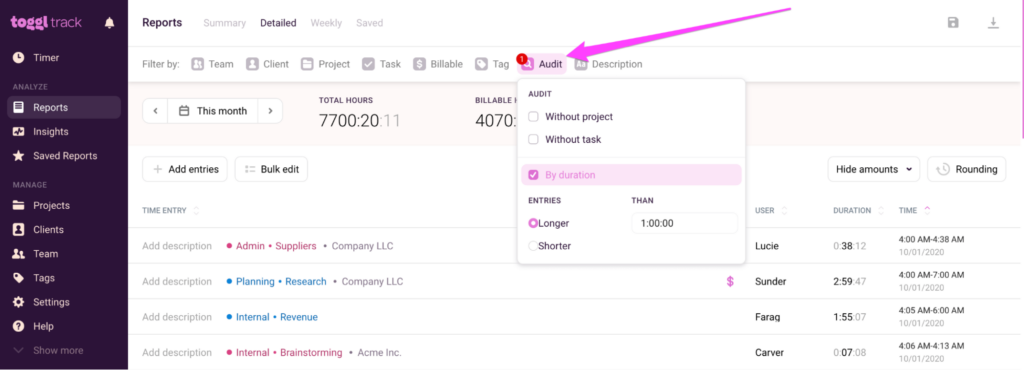 Time audit in Toggl Track