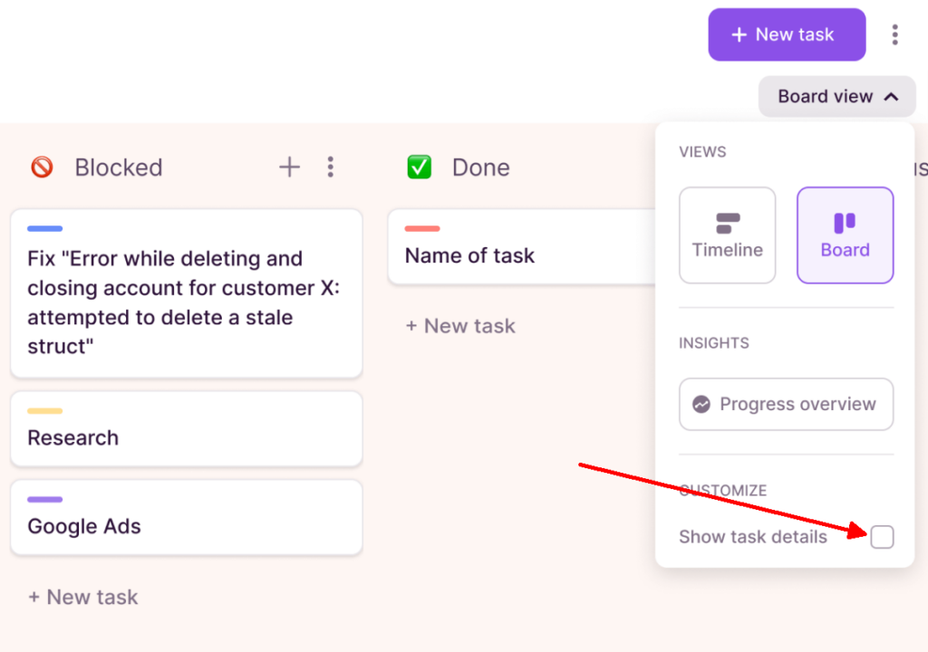 Show/hide task details on Toggl Plan boards