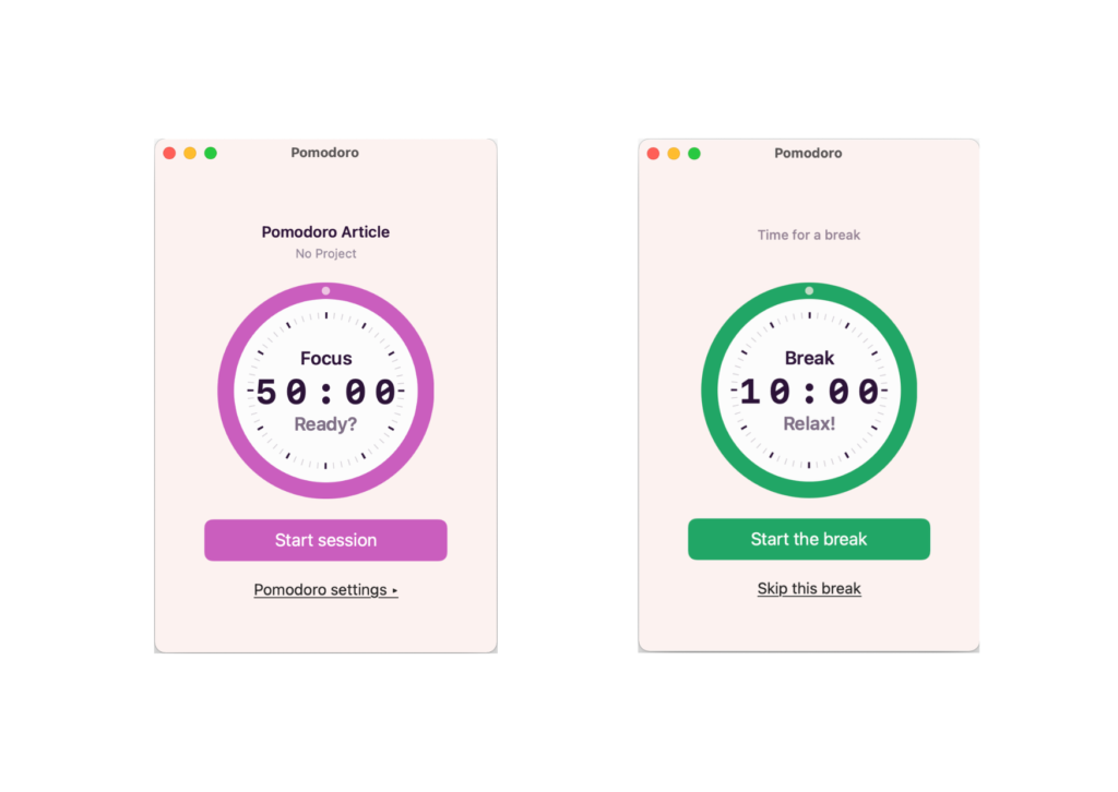 A screenshot of Toggl Track's Pomodoro timer